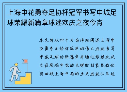 上海申花勇夺足协杯冠军书写申城足球荣耀新篇章球迷欢庆之夜今宵