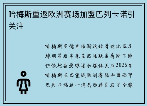 哈梅斯重返欧洲赛场加盟巴列卡诺引关注 哈梅斯重返欧洲赛场加盟巴列卡诺引关注